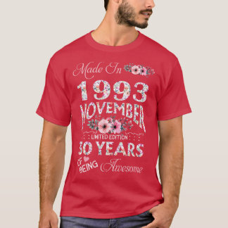 T-shirt Fabriqué En Octobre 1993 Floral 30 Ans D'Être