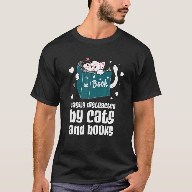 T-shirt Facilement Distrait Par Chats Et Livres Chat Et Li (Devant)