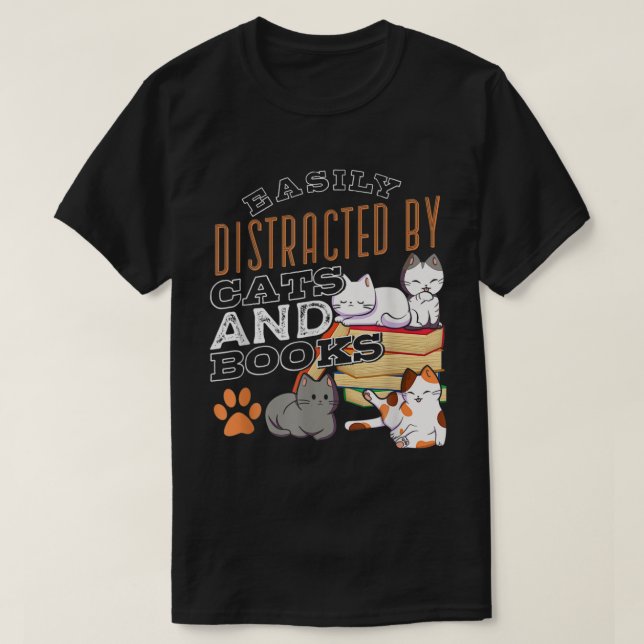 T-shirt Facilement Distrait Par Chats Et Livres Chat Noir  (Design devant)