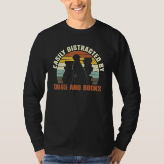 T-shirt Facilement Distrait Par Chiens Et Livres Rétro Vin