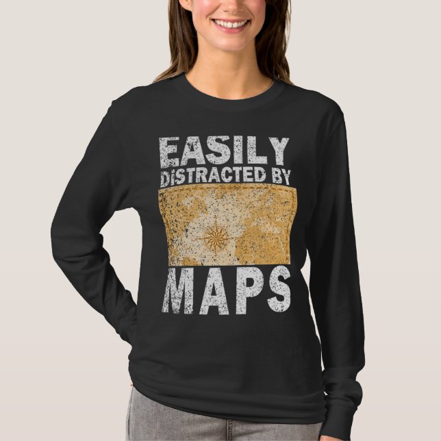 T-shirt Facilement distrait par les cartes Géographie Vint (Devant)