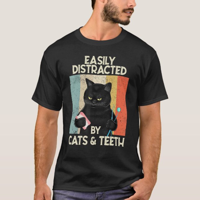 T-shirt Facilement Distrait Par Les Chats & Dents Dentiste (Devant)