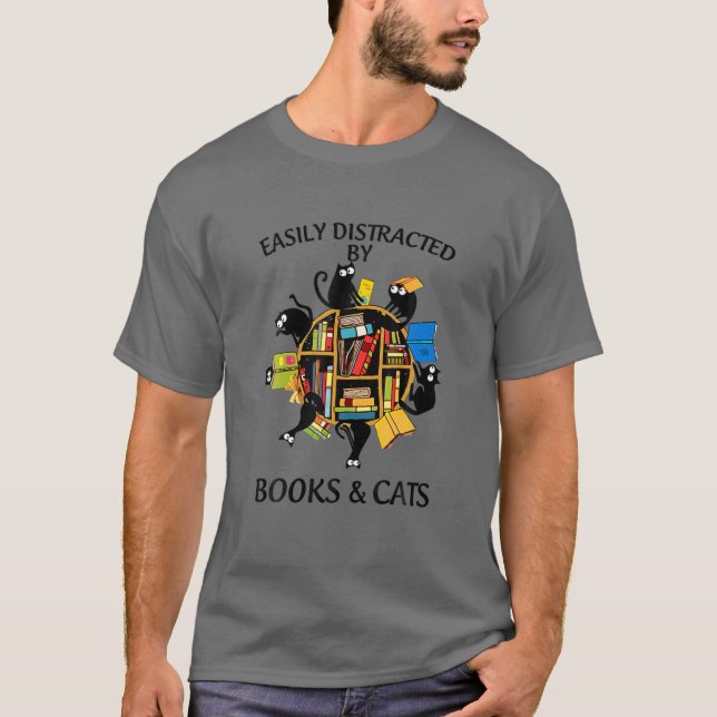 T-shirt Facilement Distrait Par Les Chats Et Les Livres (Devant)