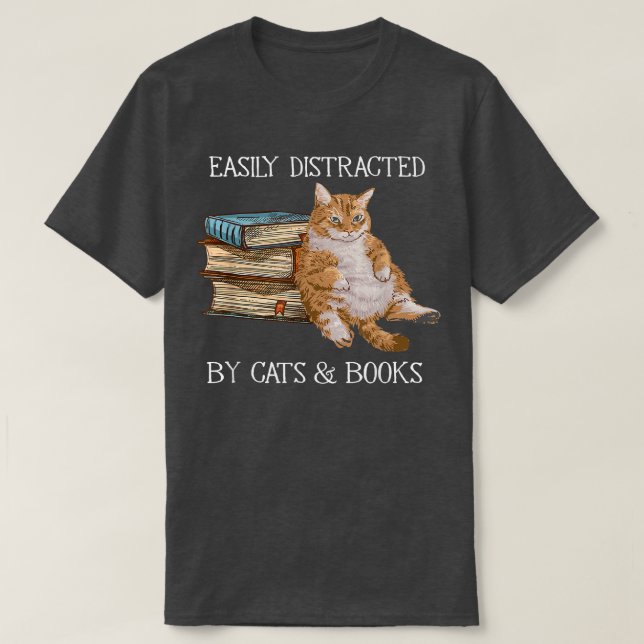 T-shirt Facilement distrait par les chats et les livres am (Design devant)