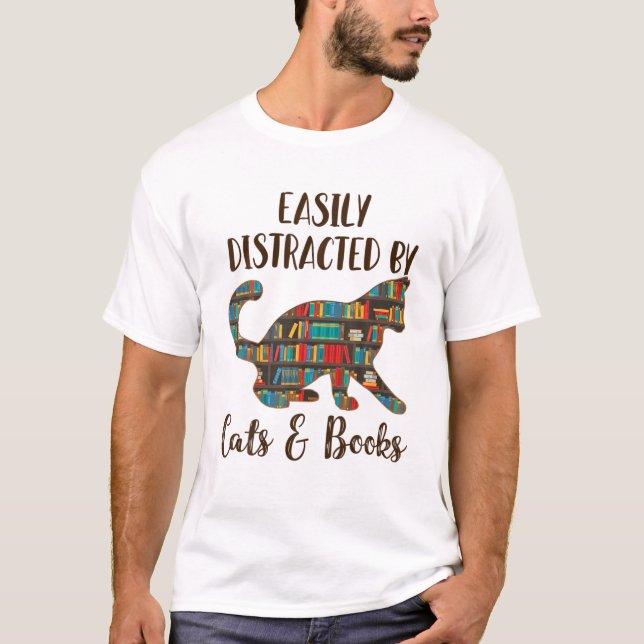 T-shirt Facilement Distrait Par Les Chats Et Livres Chat M (Devant)