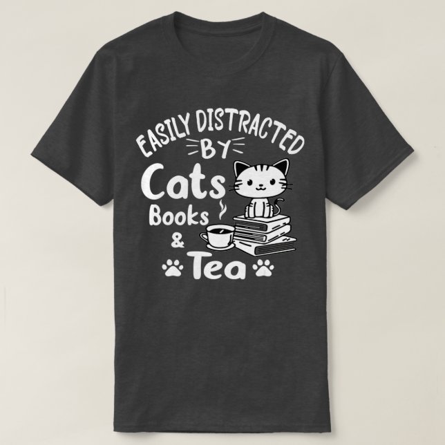 T-shirt Facilement distrait par les chats, les livres et l (Design devant)