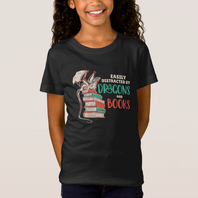 T-Shirt Facilement Distrait Par Les Dragons Et Les Livres (Devant)