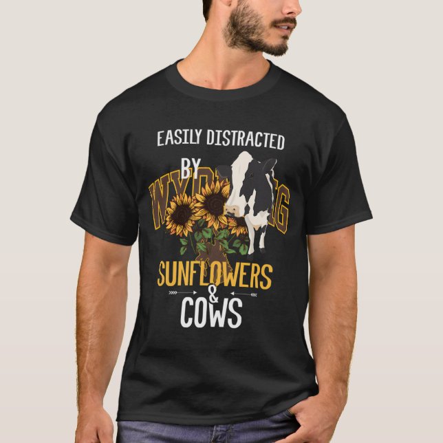 T-shirt Facilement Distrait Par Les Tournesols Et Les Vach (Devant)