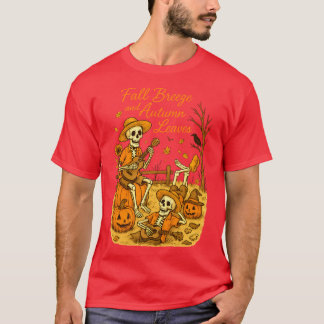 T-shirt Fall Breeze and Autumn Leaves Skeleton Pumpkin Spi