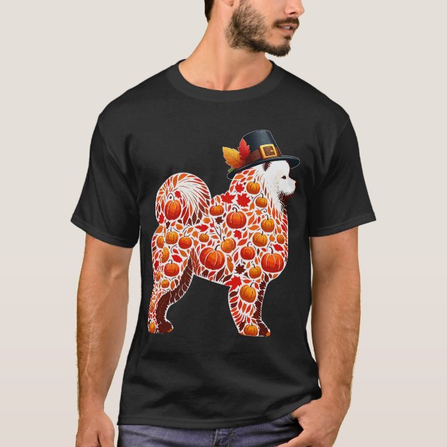 T-shirt Fall Leaves Pumpkins Samoyed Shape Thanksgiving (Devant)