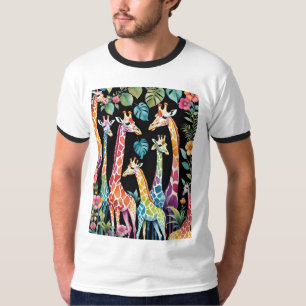 T-shirt Famille de girafes botaniques sur fond noir
