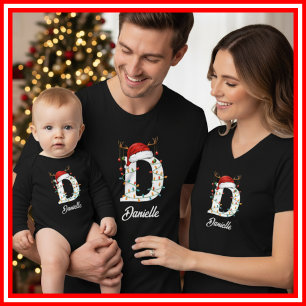 T-shirt Famille Monogramme Antlers de Noël Santa Hat