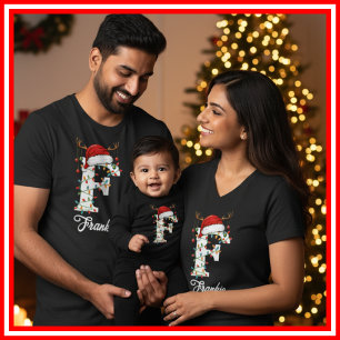 T-shirt Famille Monogramme Antlers de Noël Santa Hat