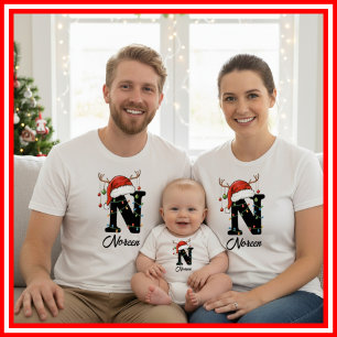 T-shirt Famille Monogramme Antlers de Noël Santa Hat