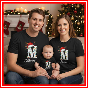 T-shirt Famille Monogramme Antlers de Noël Santa Hat