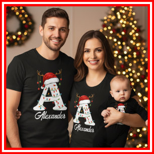 T-shirt Famille Monogramme Antlers de Noël Santa Hat