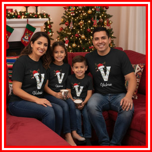 T-shirt Famille Monogramme Antlers de Noël Santa Hat