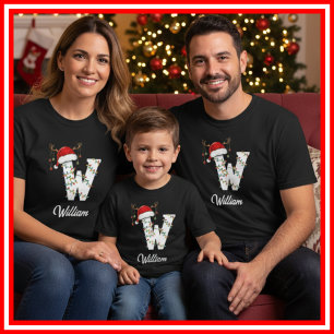 T-shirt Famille Monogramme Antlers de Noël Santa Hat