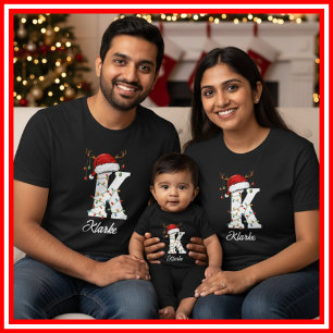 T-shirt Famille Monogramme Antlers de Noël Santa Hat