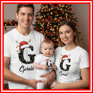 T-shirt Famille Monogramme Antlers de Noël Santa Hat