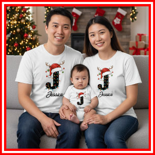 T-shirt Famille Monogramme Antlers de Noël Santa Hat