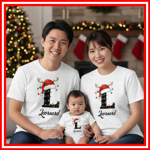 T-shirt Famille Monogramme Antlers de Noël Santa Hat