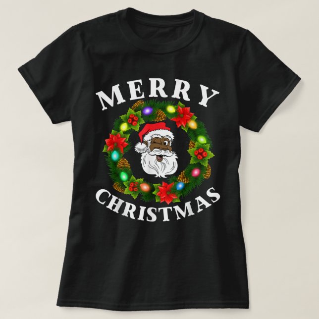 T-shirt Famille noire Joyeux Noël Wreath Afrique Amérique (Design devant)