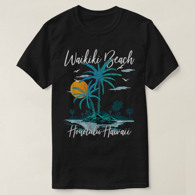 T-shirt Famille Vacances Retro Sunset Honolulu Hawaii Waik (Design devant)