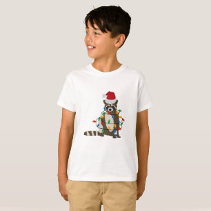 T-shirt Fantaisie Noël Raccoon Santa Hat Noël Lumières