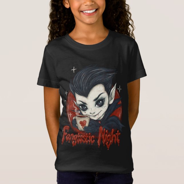 T-Shirt Fantastique nuit. Vampire mignon avec une tasse de (Devant)