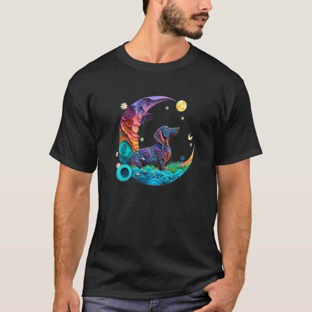 T-shirt Fantasy Dachshund Dog Cute Crescent Moon Paper Art (Devant)
