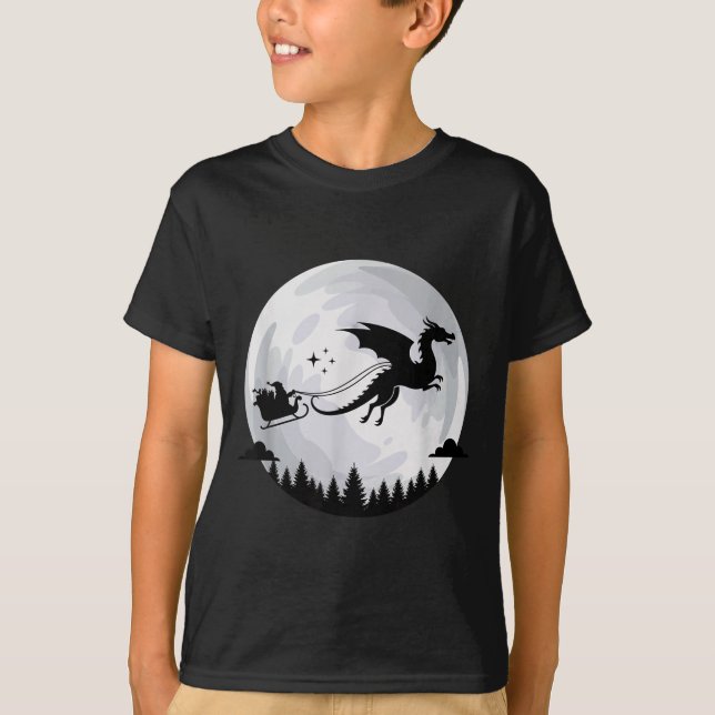 T-shirt Fantasy Dragon Moon Sleigh, Santa Pulled By Dragon (Devant)