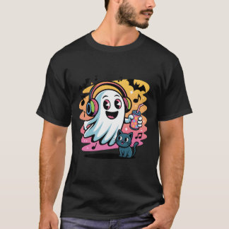 T-shirt Fantôme de fête avec chat mignon dessin animé Hall
