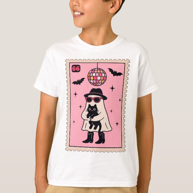 T-shirt Fantôme Disco Rétro avec Stand Halloween Chat Noir (Devant)