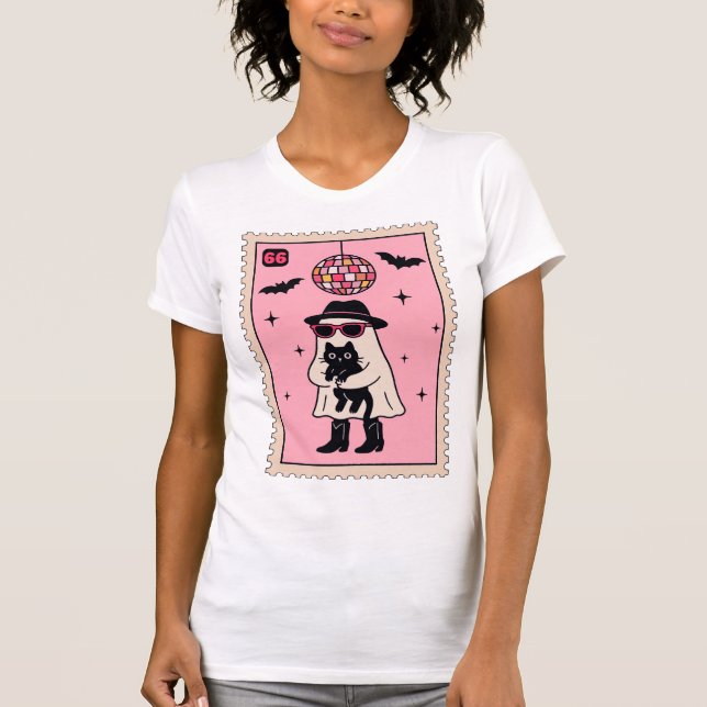 T-shirt Fantôme Disco Rétro avec Stand Halloween Chat Noir (Devant)