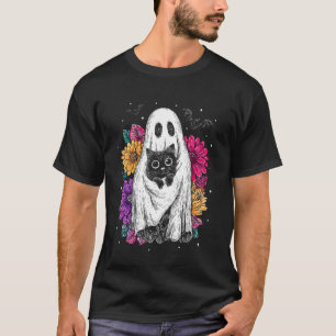 T-shirt Fantôme effrayant tenant un chat noir floral groov