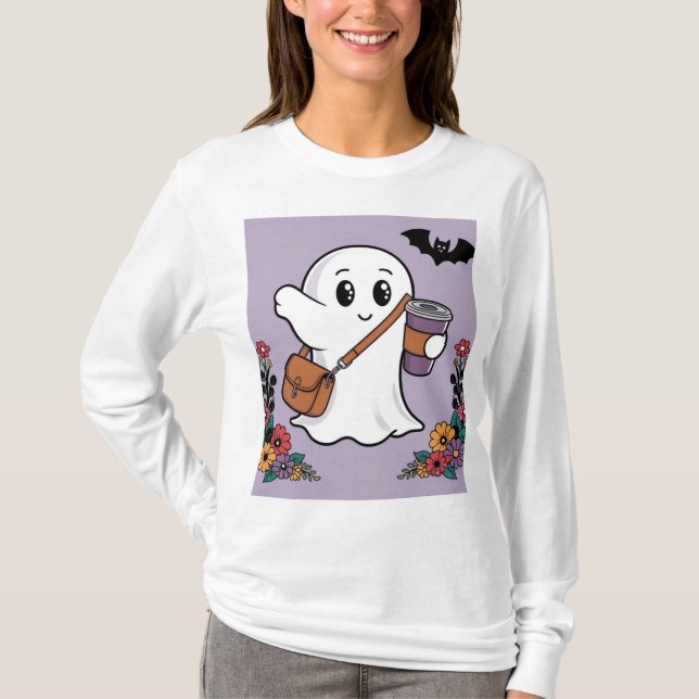 T-shirt Fantôme mignon avec café et sac élégant (Devant)