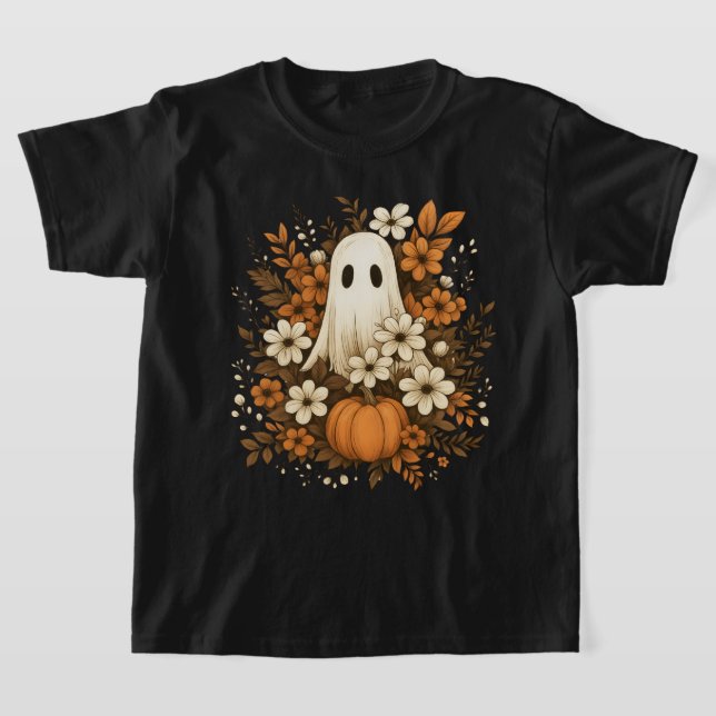 T-shirt Fantôme mignon avec Citrouille et fleurs d'automne (Poser)