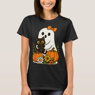 T-shirt Fantôme mignon tenant un chat noir floral groovy