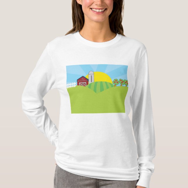 T-shirt Farm Landscape Red Barn Silo Apple Trees (Devant)
