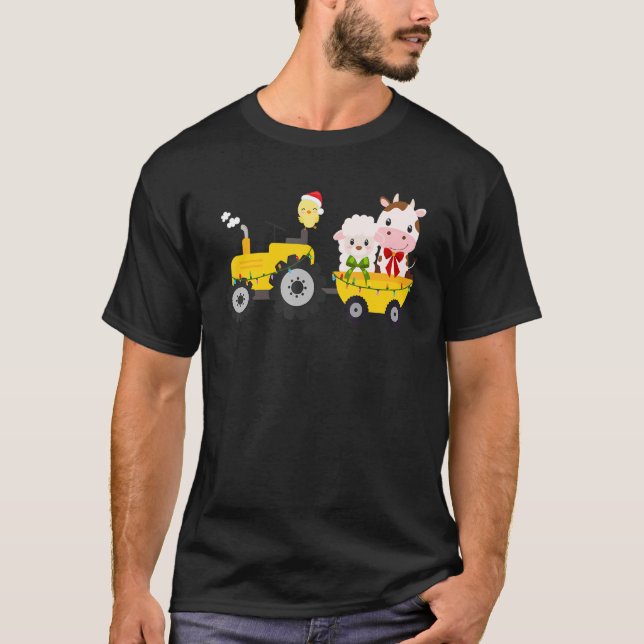 T-shirt Farm Tractor Cow Sheep Chick Christmas Xmas Family (Devant)