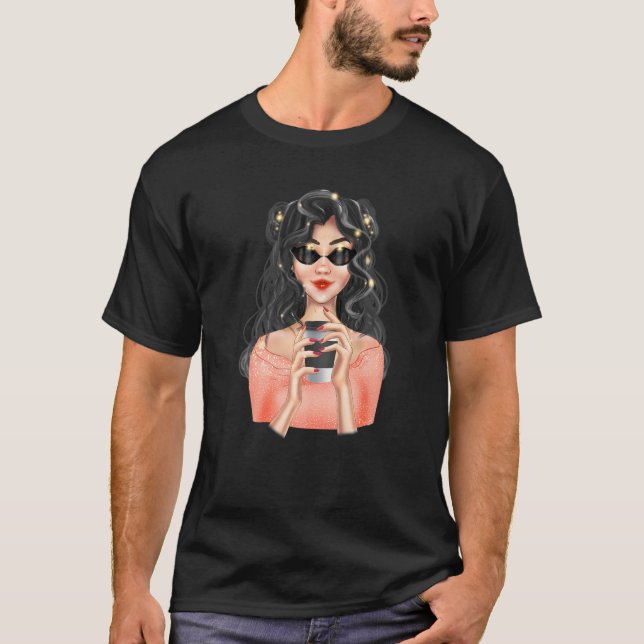 T-shirt Fashion Blonde Girl with Cup of Coffee with Black (Devant)