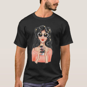 T-shirt Fashion Blonde Girl with Cup of Coffee with Heart