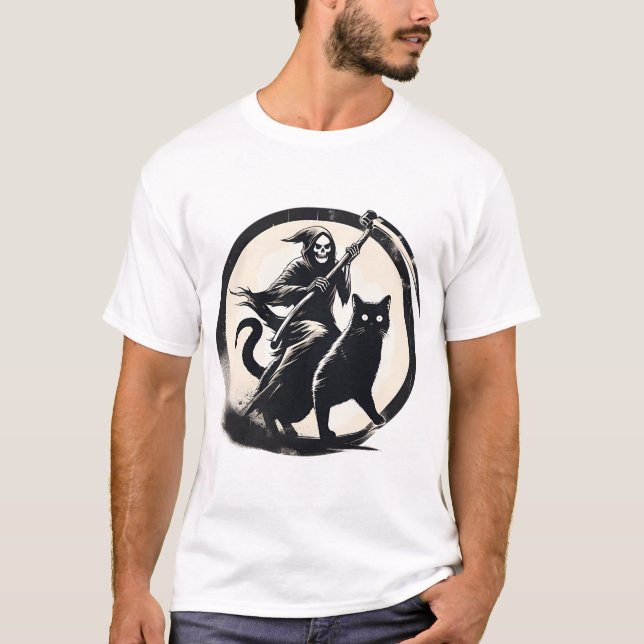 T-shirt Faucheuse Grim Sur Chat Noir (Devant)