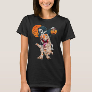 T-shirt Faucheuse squelette à cheval sur une momie dinosau