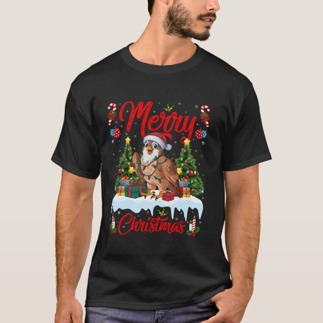 T-shirt Faucon Bird Xmas Arbre Éclairage Santa Hat Falcon  (Devant)