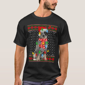 T-shirt Faux Chien de Noël Lumières Santa Hat Blue Heeler 