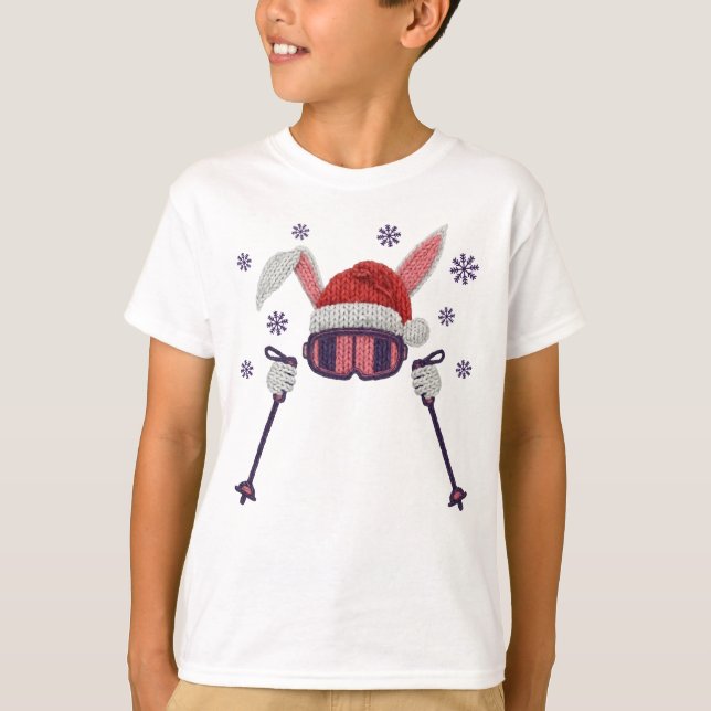 T-shirt Faux yarn skiing rabbit with Santa hat winter humo (Devant)