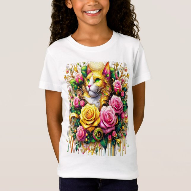 T-Shirt Feline au milieu d'une floraison vibrante (Devant)