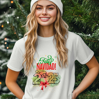 T-shirt  Feliz Navidad con Santa Claus y fondo acuarela